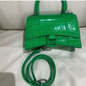 Balenciaga Emerald Green Embossed Leather Hourglass XS Top Handle Bag